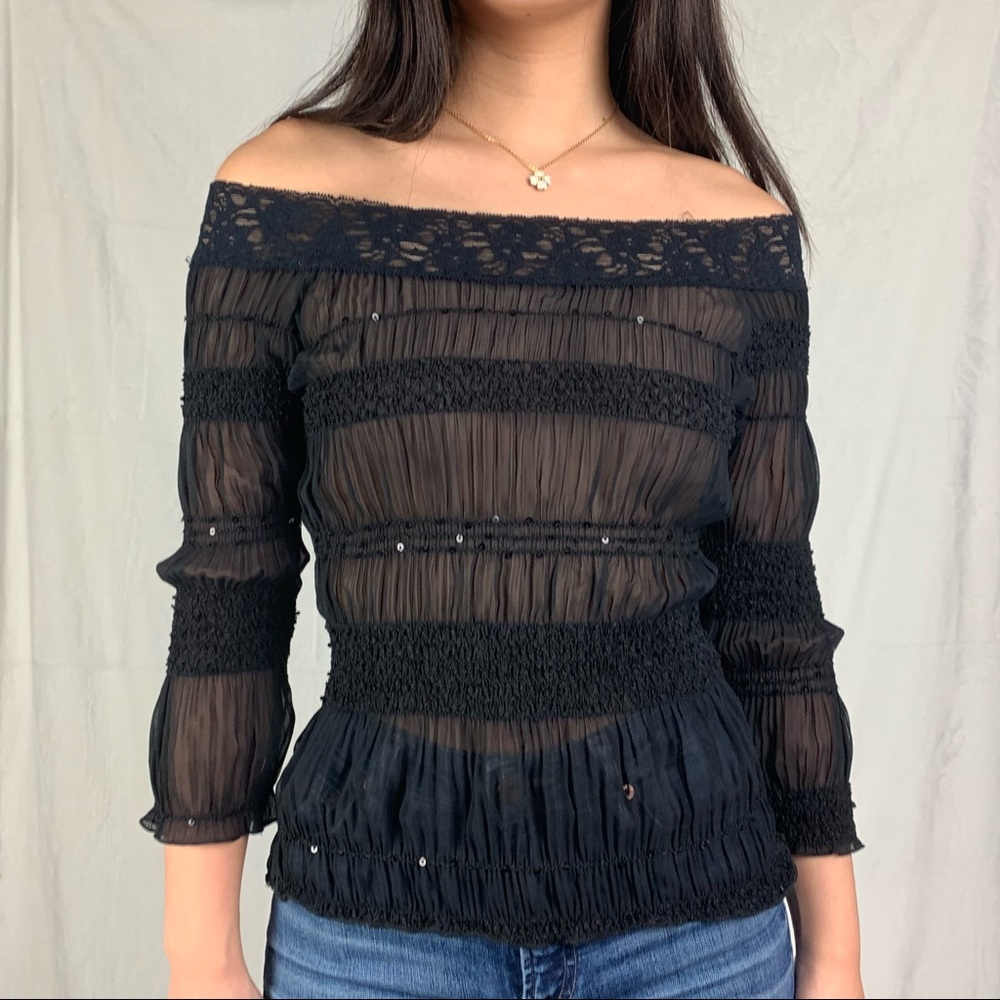 sirens small black sheer mesh shirred blouse